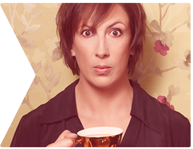 Miranda Hart with teacup staring at camera